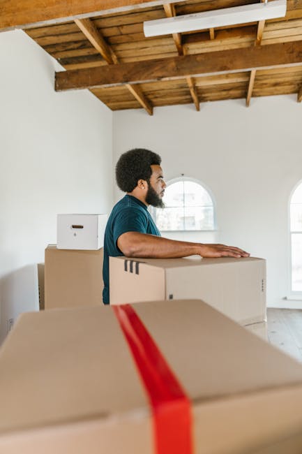 A professional removal worker with dark curly hair and a beard, wearing a blue company uniform, is inside a bright, spacious room with light-colored wooden flooring and large arched windows allowing n