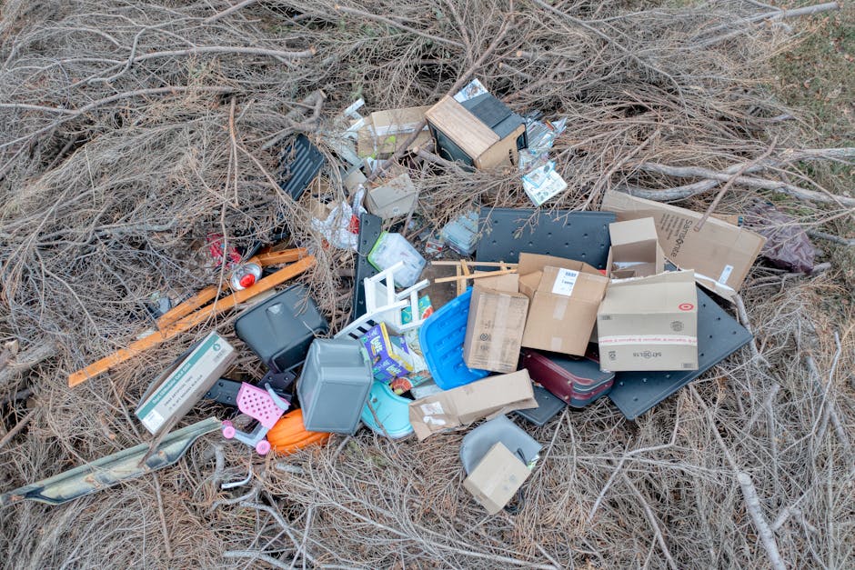 A large pile of household waste and discarded items, including cardboard boxes, plastic storage containers, and packaging materials, is gathered in a dry, leafless outdoor area surrounded by brown branches and twigs. Some boxes are open or crushed, with packing remnants visible, and a few items such as a plastic blue basket and a small black appliance are partially buried beneath the waste. The scene suggests a collection of bulky waste following a home relocation or furniture transport process, with items laid out on the ground and sparse natural lighting illuminating the area. This image exemplifies the type of debris managed during clearance or disposal services provided by Man with Van Belvedere, a company specialising in removals and property clearances, including bulky waste disposal after a move in Belvedere.